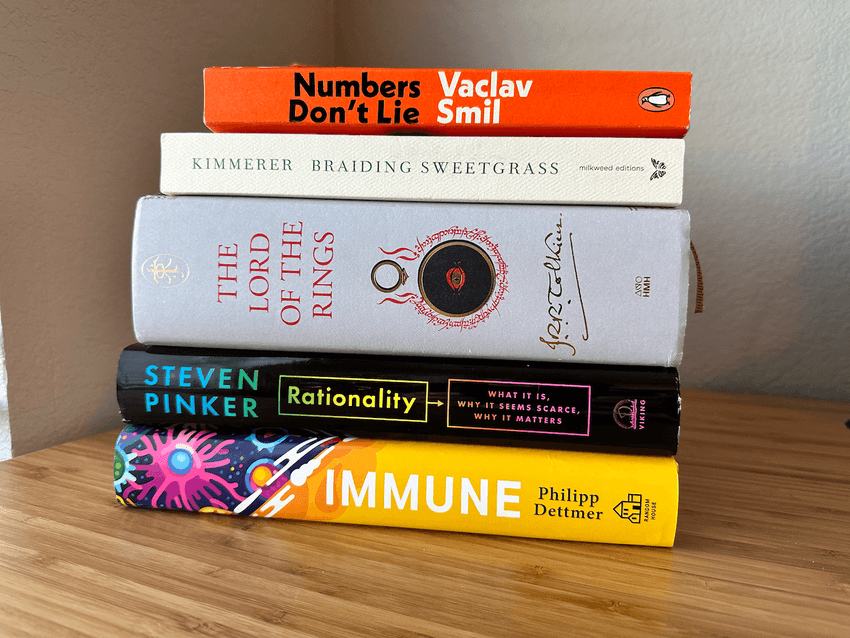 A stack of five books mentioned in the blog post